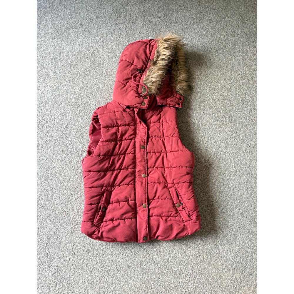Love Tree Women Rose Red Quilted Puffer Vest Faux Fur Hood Plaid Lining Large